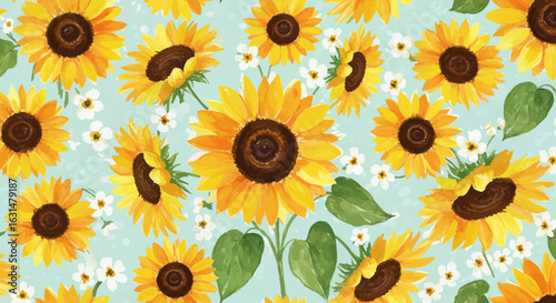 Watercolor sunflower pattern on light blue background with white flowers, a beautiful summer floral design, and seamless repeat print