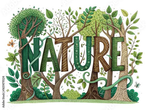 Lush nature word art with entwined trees, leaves, and vines illustration