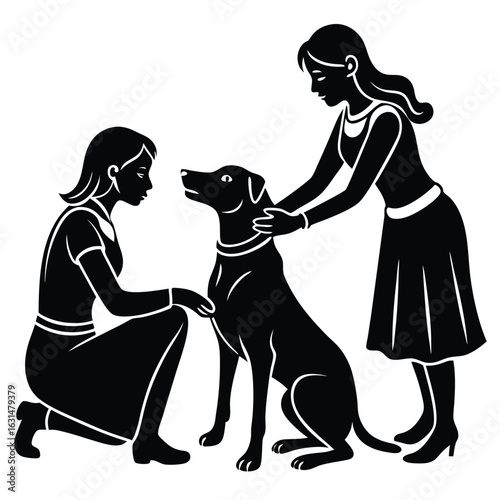 Two women interacting with a dog, a silhouette illustration.