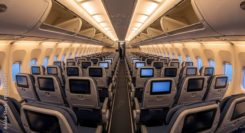 Obraz premium Clean view of modern airplane cabin showing seating arrangement and onboard entertainment systems.