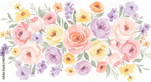 Watercolor floral arrangement featuring roses, blossoms, and leaves in pastel hues, creating a soft and elegant design for various creative projects