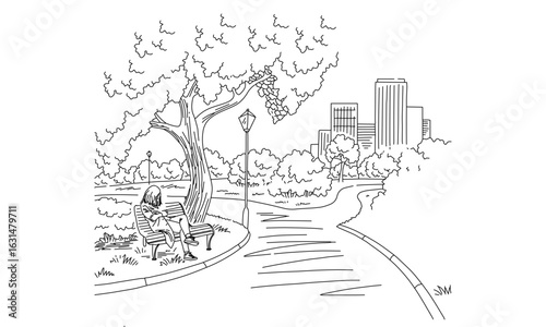 Person Sitting on a Bench in a Park with City Skyline in the Background