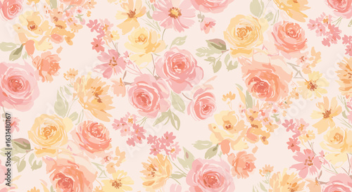 Delicate floral pattern with watercolor roses and blossoms in soft peach, yellow, and pink hues for elegant designs