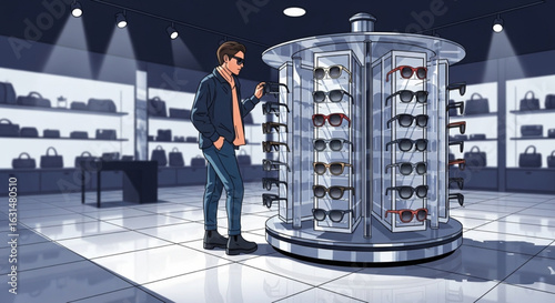 A man browses a rotating display of sunglasses in a modern retail store.