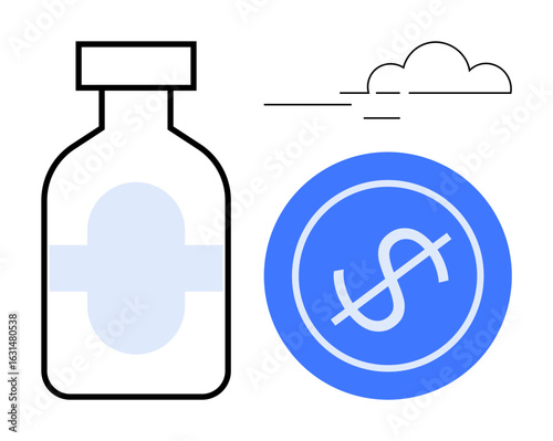Medicine bottle alongside a blue circle with a dollar sign, symbolizing healthcare expenses. Ideal for financial planning, medical pricing, insurance, healthcare systems, cost awareness, budgeting