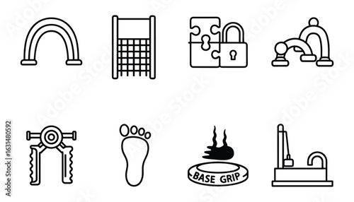 Outline Playground Equipment Icons Set, Games, Recreation, Outdoor Exercise Elements, Vector Illustration