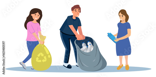 kids garbage sack save the planet children characters clean environment garbage recycling ecology protection social charity volunteers cleaning city park cartoon people illustration