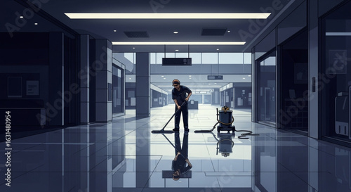 A person vacuums a long hallway in a modern commercial building.