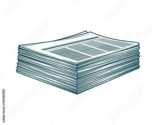 Pile of Newspaper Sheets, Stacked Papers with Text, Line Art Style, teal color, Vector Illustration