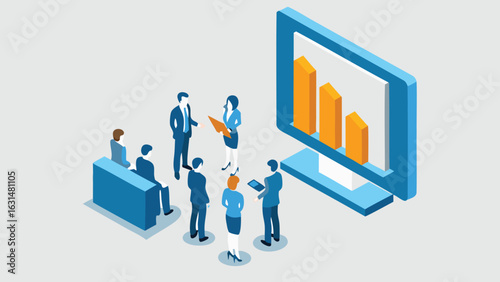 Isometric view of a business meeting with a presentation and a declining bar graph on a screen