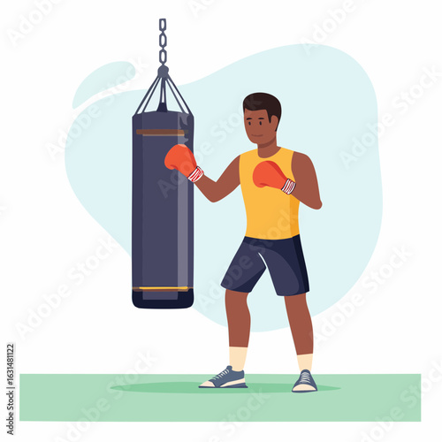 Flat vector design of a man boxing with a punching bag in a gym, wearing gloves and athletic clothes, intense and focused expression