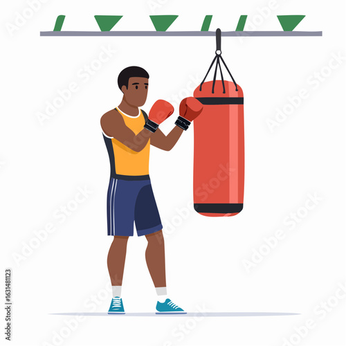 Flat vector design of a man boxing with a punching bag in a gym, wearing gloves and athletic clothes, intense and focused expression