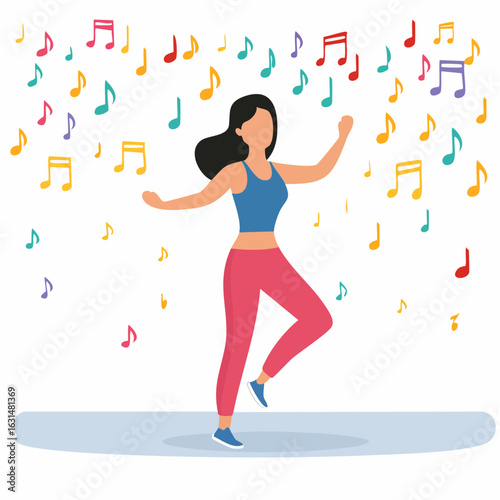 Flat vector of a woman doing aerobics or Zumba in a fitness studio, colorful outfit and music notes floating in the air