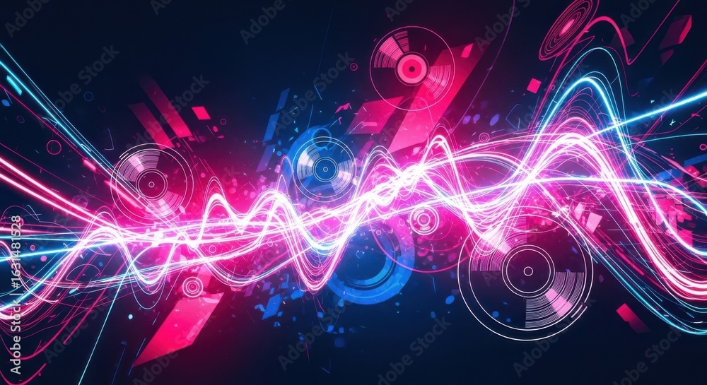 Fototapeta premium Abstract digital artwork featuring vibrant neon light sound waves and vinyl records.