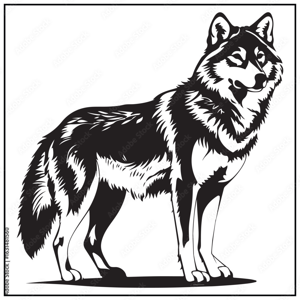 Fototapeta premium Vector art of artistic wolf drawing in black and white, isolated on white background
