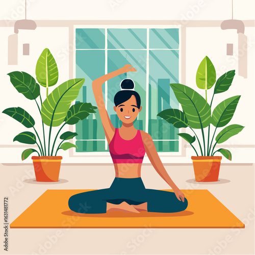 Flat vector of a woman practicing yoga indoors on a mat, in a stretching pose, with potted plants and calming interior background