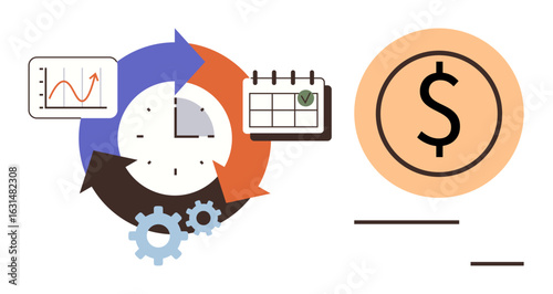 Clock with arrows, calendar, gears, graph, and dollar circle emphasizing productivity, planning, and budgeting. Ideal for finance, time tracking project management efficiency economy goal