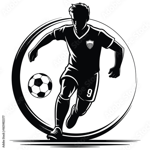Soccer player in action kicking ball inside a circular frame silhouette