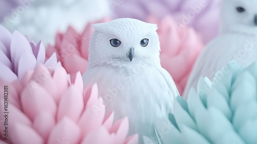 A charming white owl surrounded by vibrant pastel flowers creates a whimsical scene, perfect for nature-themed designs, invitations, or children's books