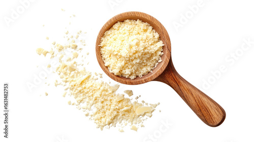 Grated parmesan cheese in rustic wooden spoon isolated on white background