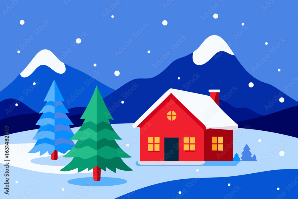 Fototapeta premium red house snow winter cabin home cozy