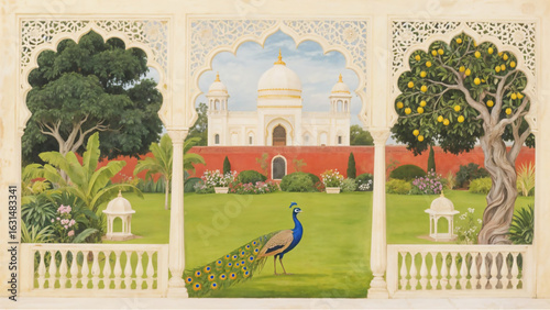 Traditional Mughal Palace with Garden, Trees, Peacock – Jaipur Rajasthani Style Vector Wallpaper Landscape Illustration