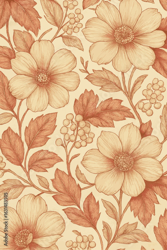 Vintage Botanical Flower Pattern – Seamless Hand-Drawn Floral Background in Sepia Tones