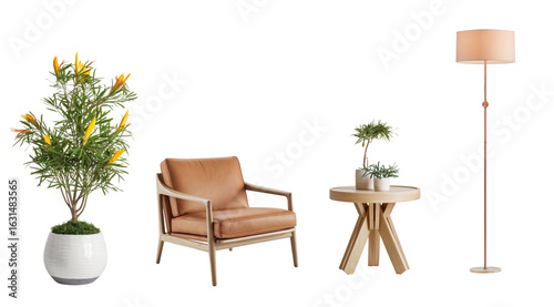 interior scene with armchair, table, lamp, and plant on white background.