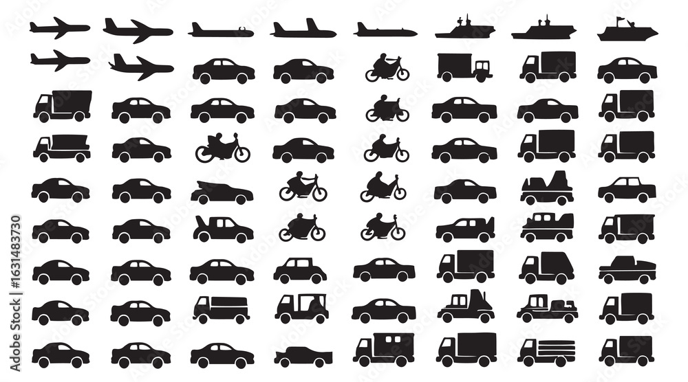 Fototapeta premium Transportation Vehicle flat icon set collection. Containing walk, bicycle, motorcycle, motorbike, train, car, truck, aeroplane, plane, bus, ship, sailboat, aircraft illustration on white background.