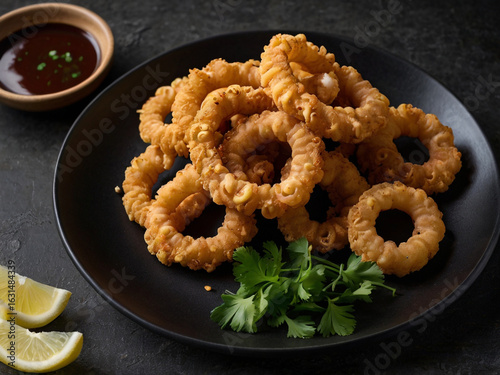 Crispy golden calamari rings with dipping sauce and lemon fried golden brown