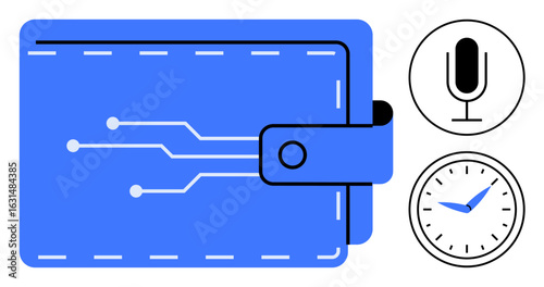 Blue wallet with circuit pattern, microphone, and clock icons symbolizing technology, saving, time management, security, digital payments, innovation and communication. Ideal for fintech apps
