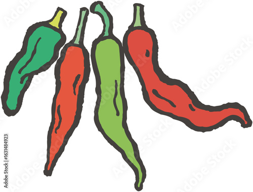 Vector art of a group of red and green chili peppers isolated on a white background, ideal for spicy food themes