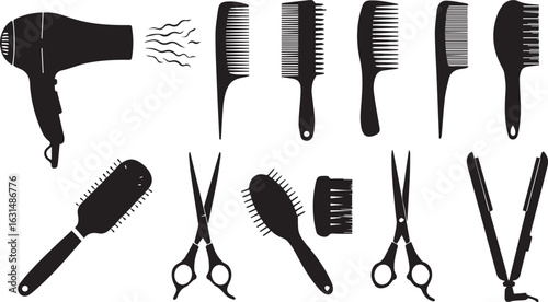 Collection of Black Silhouette Hairdressing Tools and Hair Dryer on White Background Keywords: hairdressing, hair dryer, comb, hairbrush, scissors, hair straightener, styling tools, salon, barber