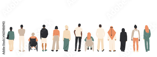 Different people standing. Rear view.