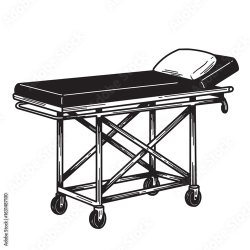Black and white illustration of an empty medical stretcher on a white background