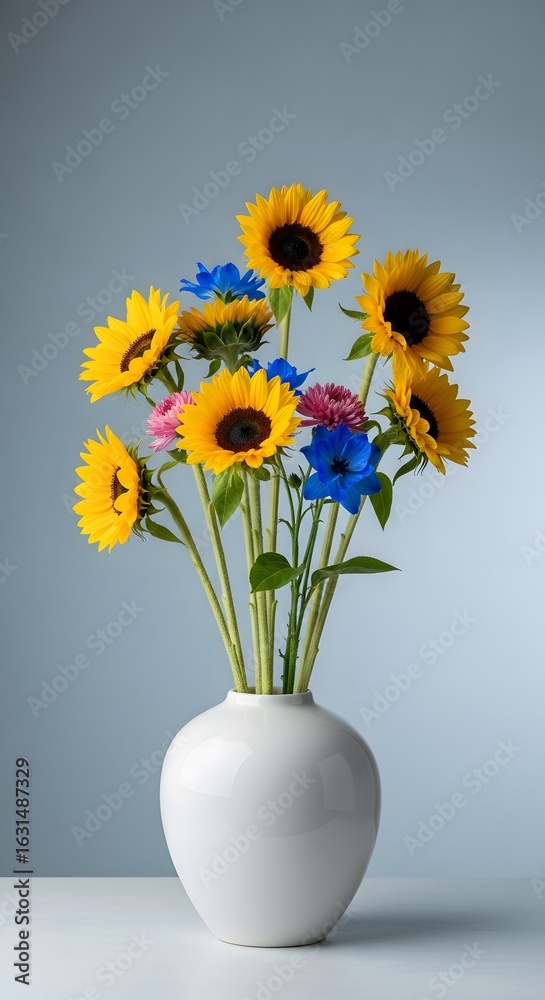 custom made wallpaper toronto digitalA vibrant bouquet of sunflowers, blue, pink flowers in a white vase