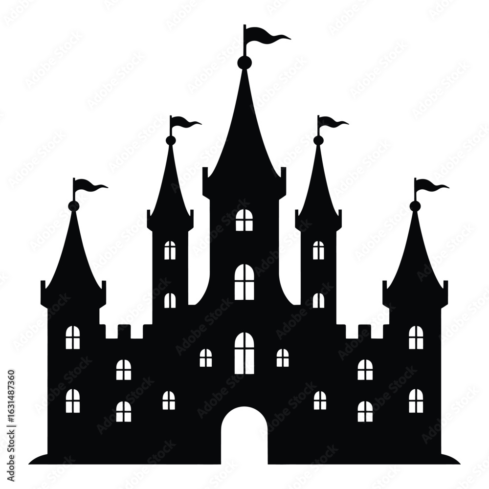 Fototapeta premium Black silhouette of a fairytale castle with towers and flags against a white background in minimalist style