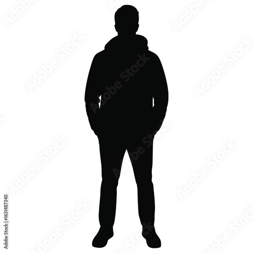 Man in a hooded jacket standing with hands in pockets silhouette