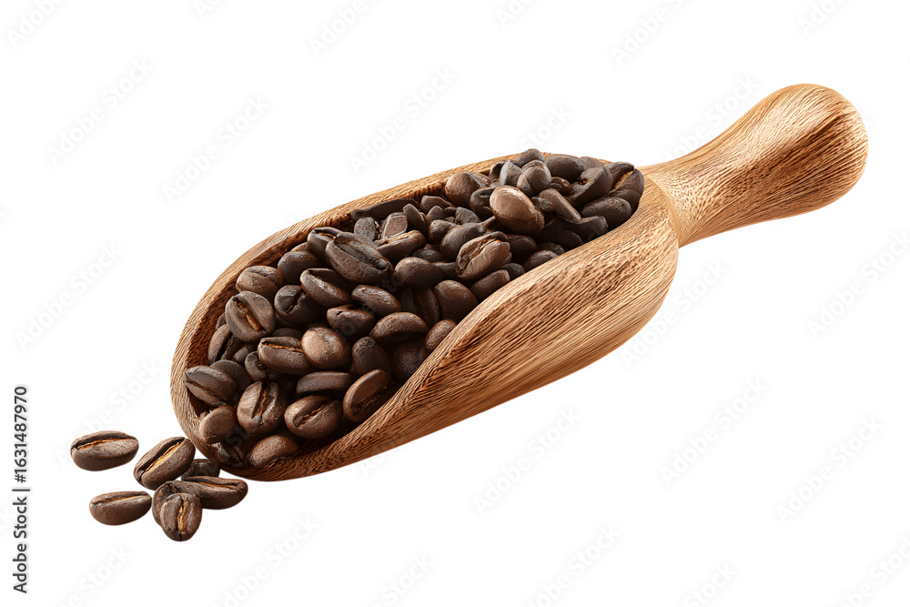 Fototapeta premium Coffee beans on wooden scoop isolated on transparent white background