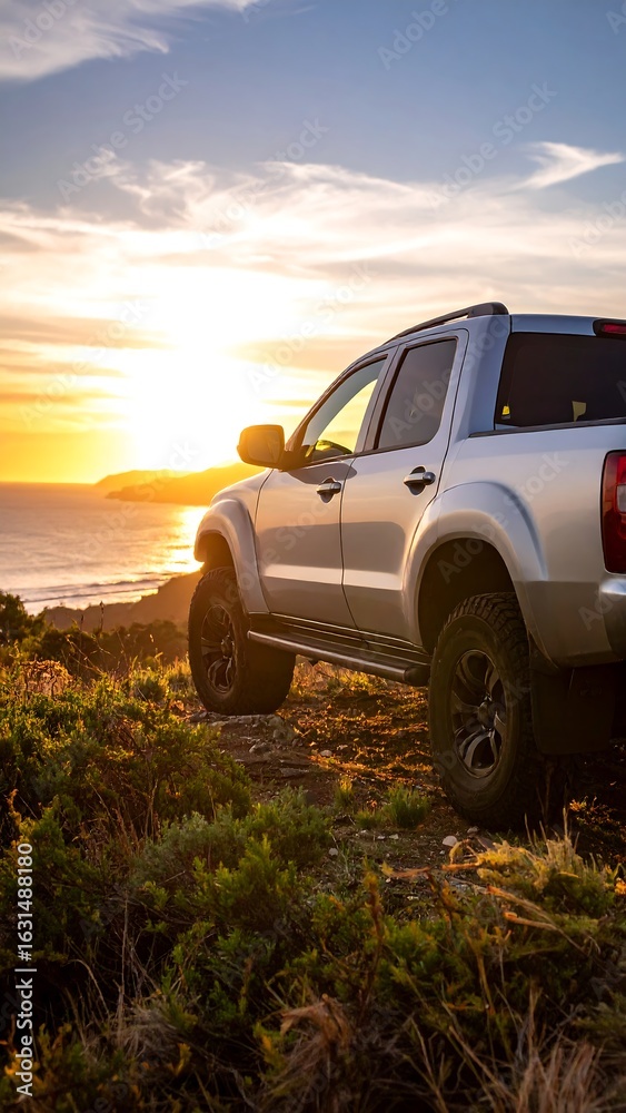 Fototapeta premium Pickup truck at sunset over ocean