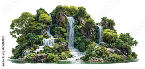 Fototapeta Naklejka Na Ścianę i Meble -  Lush tropical island with multiple waterfalls and greenery, isolated on transparent cutout background