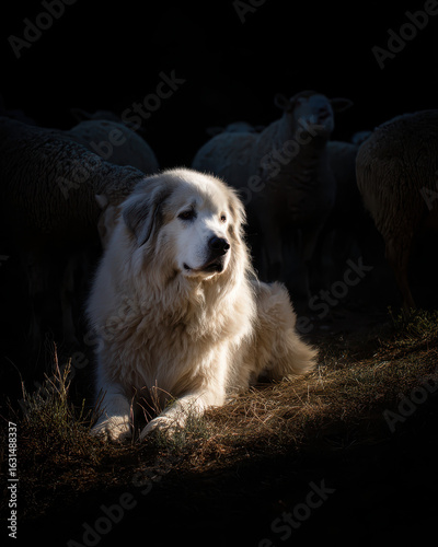 Great Pyrenees Guarding Sheep Dramatic Lighting
