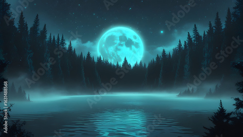 night misty forest landscape with moon clouds and northern lights