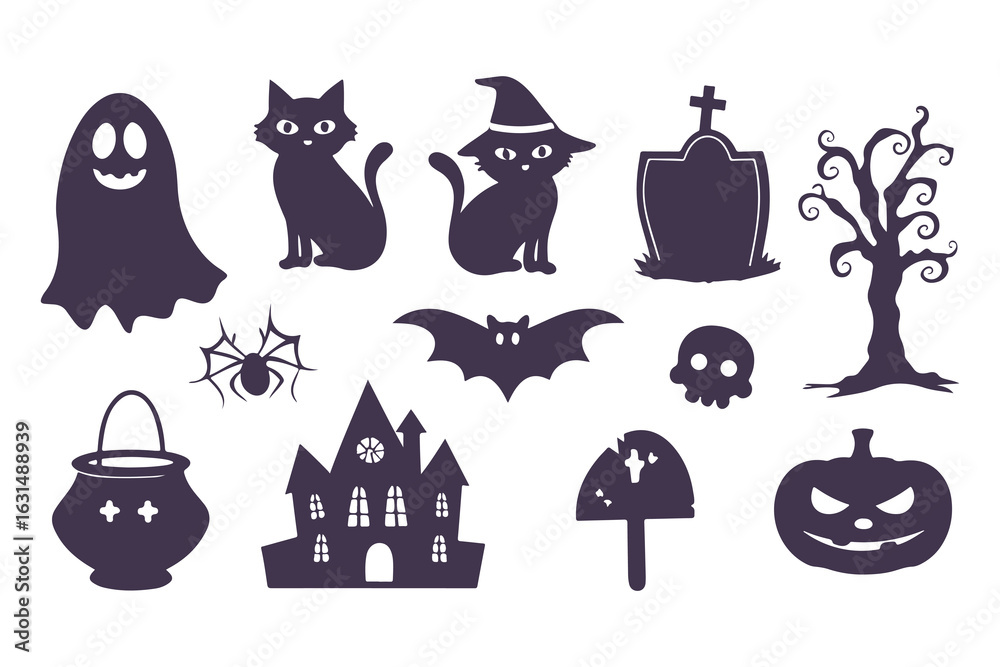 Obraz premium Halloween silhouette icon set. Collection of spooky graphic elements including ghost, witch, pumpkin, cat, and haunted house. Isolated vector symbols for party decoration and design.
