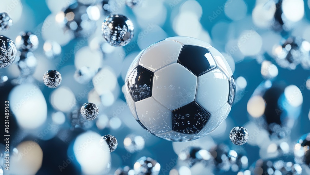 Fototapeta premium A soccer ball flying through the air, surrounded by small glass spheres, with a background of football balls and metallic shapes,