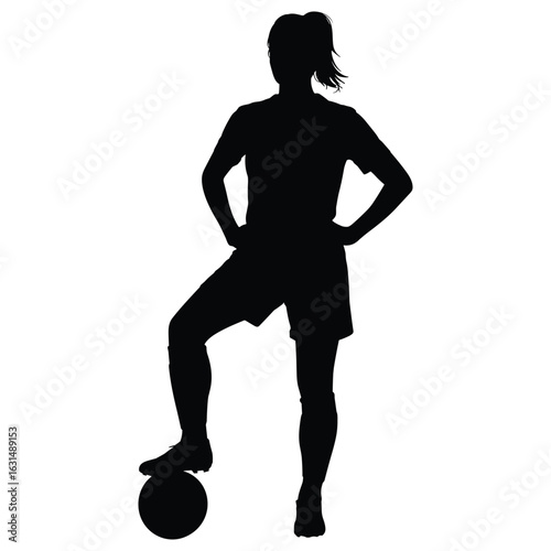 Female soccer player standing with ball silhouette