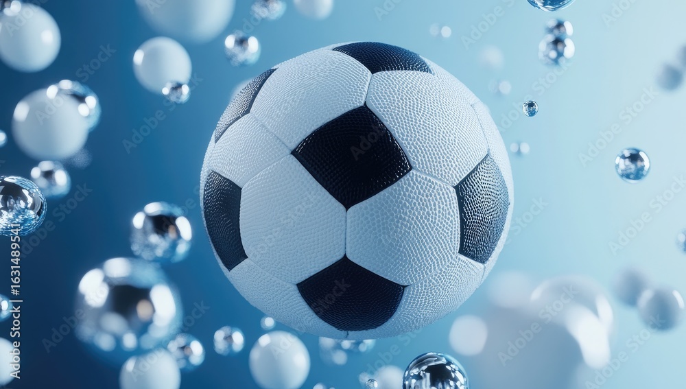 Fototapeta premium A soccer ball flying through the air, surrounded by small glass spheres, with a background of football balls and metallic shapes,