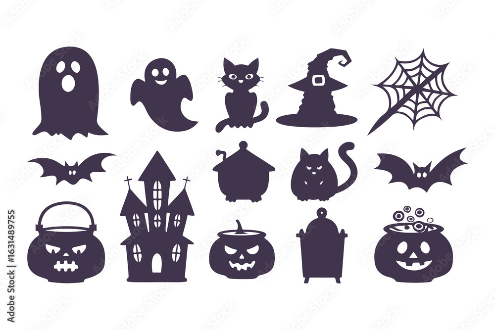 Obraz premium Halloween silhouette icon set. Collection of spooky graphic elements including ghost, witch, pumpkin, cat, and haunted house. Isolated vector symbols for party decoration and design.