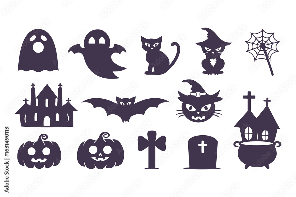 Obraz premium Halloween silhouette icon set. Collection of spooky graphic elements including ghost, witch, pumpkin, cat, and haunted house. Isolated vector symbols for party decoration and design.