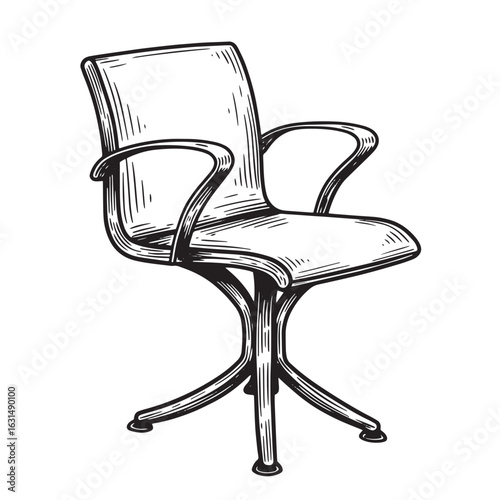 Detailed hand drawn illustration of a stylish retro office chair with armrests on white background